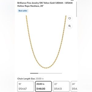 Brilliance Fine Jewelry 10K Yellow Gold 1.80MM - 1.85MM Hollow Rope Necklace 20"